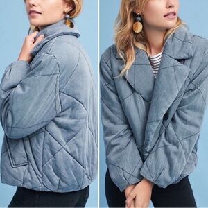 Anthropologie Jacket Brodie Quilted Puffer Chambray Cropped Casual Boho Blue M